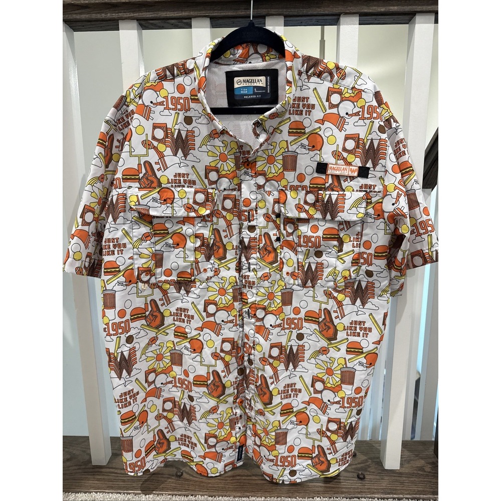 Magellan Outdoors Whataburger Fishing Shirt Mens L Short Sleeve UPF 30 All Over